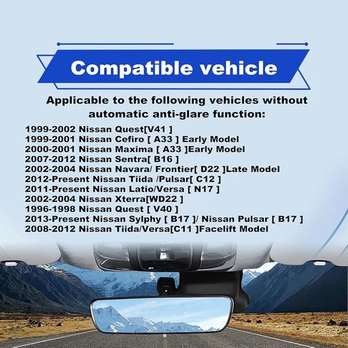 Interior Rear View Mirror Assembly Compatible With Nissan Rogue Altima NV1500 NV2500 NV3500 Frontier Tiida Sentra Titan Fairlady 350Z Anti-Glare Function Rear View Mirror Replace 96321-2DR0A in Kuwait