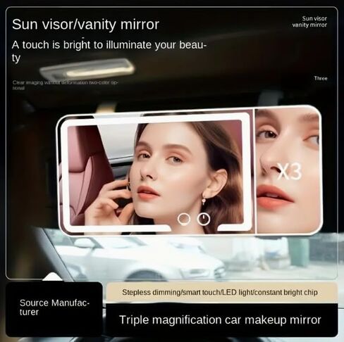 HomeBeyond Car Sun Visor Vanity Mirror with 3X Magnification, Rechargeable LED Makeup Mirror for Car Visor, 3 Colors Dimming Light Touch Control, Universal for Car Truck SUV in Saudi Arabia