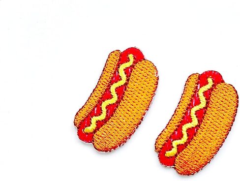 PL Set of 2 Tiny. Mini Cute hot Dog with Mustard Fast Food Cute Cartoon logo1 sew Iron on Embroidered Applique Badge Sign Patches Clothing Costume in Kuwait