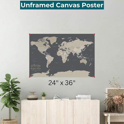 Neutral World Push Pin Map Poster on Canvas – Personalized Travel Tracker Map – Large 24" x 36" – World Wall Art in Saudi Arabia
