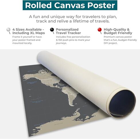 Neutral World Push Pin Map Poster on Canvas – Personalized Travel Tracker Map – Large 24" x 36" – World Wall Art in Saudi Arabia