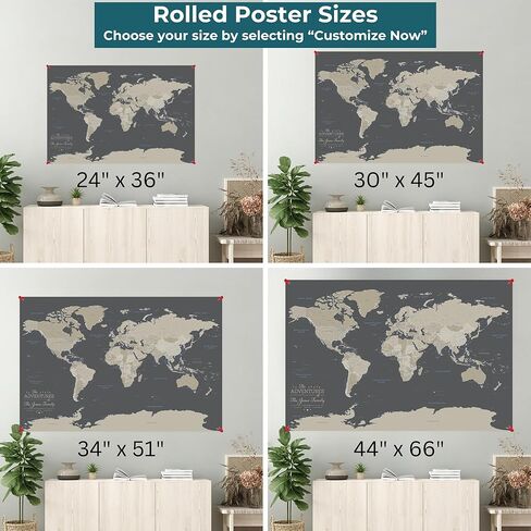 Neutral World Push Pin Map Poster on Canvas – Personalized Travel Tracker Map – Large 24" x 36" – World Wall Art in Saudi Arabia
