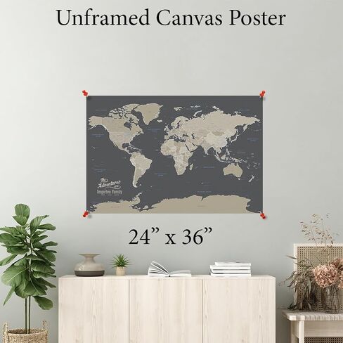 Neutral World Push Pin Map Poster on Canvas – Personalized Travel Tracker Map – Large 24" x 36" – World Wall Art in Saudi Arabia