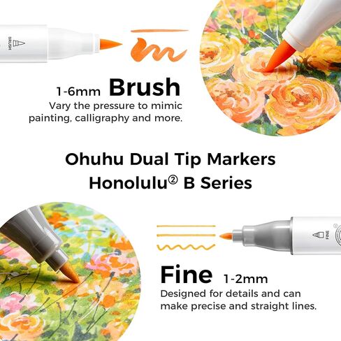 Ohuhu Alcohol Brush Markers 48 Mid-tone Colors - AP Certificated Double Tipped Alcohol Based Art Marker Set for Artist Adults Coloring Illustration - Honolulu 2B Brush & Fine Dual Tips - Refillable in Kuwait