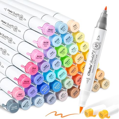 Ohuhu Alcohol Brush Markers 48 Mid-tone Colors - AP Certificated Double Tipped Alcohol Based Art Marker Set for Artist Adults Coloring Illustration - Honolulu 2B Brush & Fine Dual Tips - Refillable in Kuwait