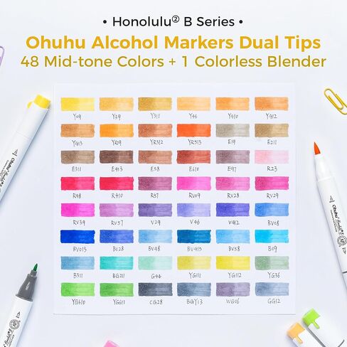 Ohuhu Alcohol Brush Markers 48 Mid-tone Colors - AP Certificated Double Tipped Alcohol Based Art Marker Set for Artist Adults Coloring Illustration - Honolulu 2B Brush & Fine Dual Tips - Refillable in Kuwait