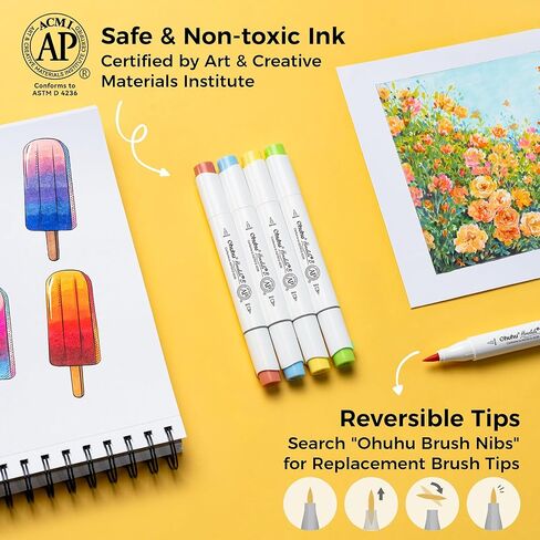 Ohuhu Alcohol Brush Markers 48 Mid-tone Colors - AP Certificated Double Tipped Alcohol Based Art Marker Set for Artist Adults Coloring Illustration - Honolulu 2B Brush & Fine Dual Tips - Refillable in Kuwait
