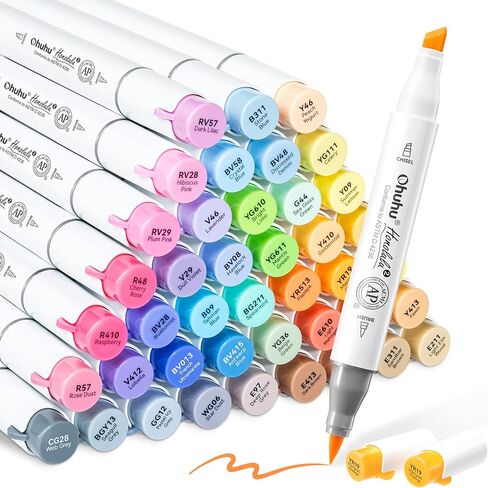 Ohuhu Alcohol Brush Markers 48 Mid-tone Colors - AP Certificated Double Tipped Alcohol Based Art Marker Set for Artist Adults Coloring Illustration - Honolulu 2B Brush & Fine Dual Tips - Refillable in Kuwait