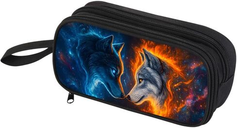 HiMagics Children's Pencil Case, Large Zipper Pencil Pouch for Boys with Two Compartments Boys Pen Pouch for School Wolf Pencil Bag, Black in Saudi Arabia