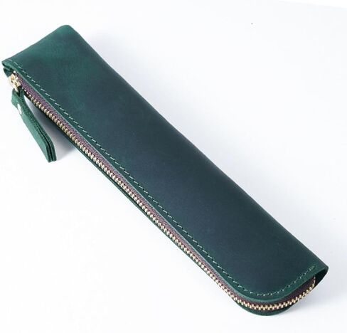 Pen Sleeve Pouch High-end Retro Zipper Pen Protective Bag Vintage Pencil Holder Cowhide Pencil Case (Dark green) in Kuwait