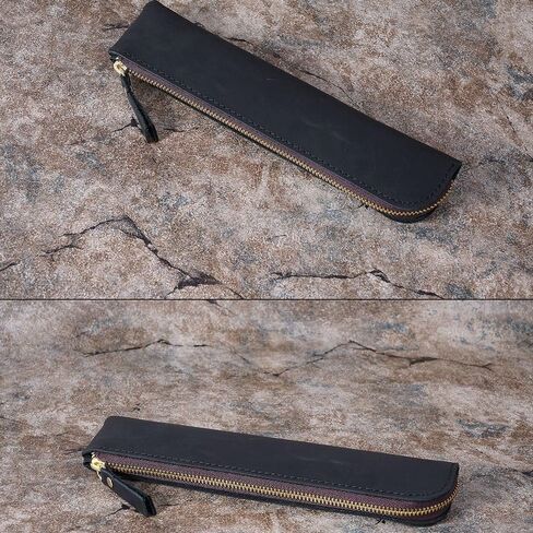 Pen Sleeve Pouch High-end Retro Zipper Pen Protective Bag Vintage Pencil Holder Cowhide Pencil Case (Dark green) in Kuwait