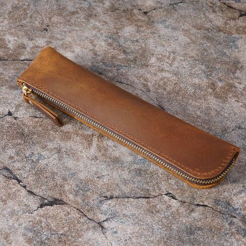 Pen Sleeve Pouch High-end Retro Zipper Pen Protective Bag Vintage Pencil Holder Cowhide Pencil Case (Dark green) in Kuwait