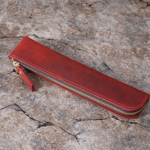 Pen Sleeve Pouch High-end Retro Zipper Pen Protective Bag Vintage Pencil Holder Cowhide Pencil Case (Dark green) in Kuwait