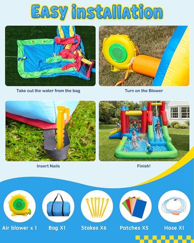 منزل نطاط قابل للنفخ 9 في 1 مع منزلق مائي للأطفال من سن 3 إلى 6 سنوات، قلعة نطاطة رطبة أو جافة مع ترامبولين، جدار تسلق، حفرة كروية ومدفع لعب للعب في الفناء الخلفي الداخلي والخارجي in Kuwait