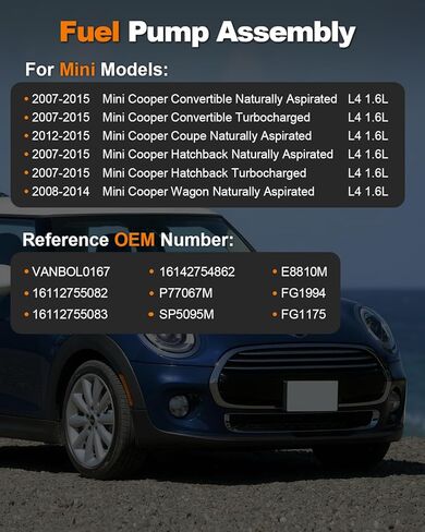 مجموعة وحدة مضخة الوقود الكهربائية المتوافقة مع 2007-2015 Mini Cooper L4 1.6L استبدل E8810M 16112755082 VANBOL0167 مع وحدة إرسال O-Ring in Kuwait