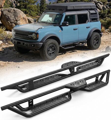 لوحات تشغيل Xprite متوافقة مع 2021-2026 Ford Bronco 4 أبواب، 6.5 بوصة قضبان نيرف ذات خطوات جانبية شديدة التحمل، تصميم مضاد للانزلاق بخطوتين، سياج جانبي منزلق من الصخور، أسود مزخرف in Kuwait