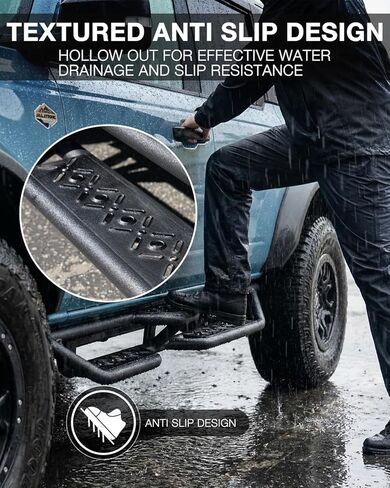 لوحات تشغيل Xprite متوافقة مع 2021-2026 Ford Bronco 4 أبواب، 6.5 بوصة قضبان نيرف ذات خطوات جانبية شديدة التحمل، تصميم مضاد للانزلاق بخطوتين، سياج جانبي منزلق من الصخور، أسود مزخرف in Kuwait