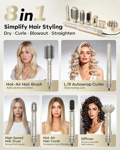 8-in-1 Dual Voltage Hot Air Styler & Hair Dryer Brush with Straightener & Curler Attachments, 110,000 RPM Ionic Fast Drying for Frizz-Free Styling, Includes Travel Bag in Saudi Arabia