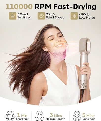 8-in-1 Dual Voltage Hot Air Styler & Hair Dryer Brush with Straightener & Curler Attachments, 110,000 RPM Ionic Fast Drying for Frizz-Free Styling, Includes Travel Bag in Saudi Arabia