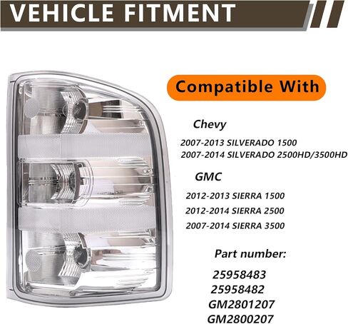 Tail Light Compatible With Chevy 2007-2013 Silverado 1500 | 2007-2014 Silverado 2500HD 3500HD Brake Taillight Clear Lens+White Housing Driver Side Rear Lamp Taillights in Kuwait