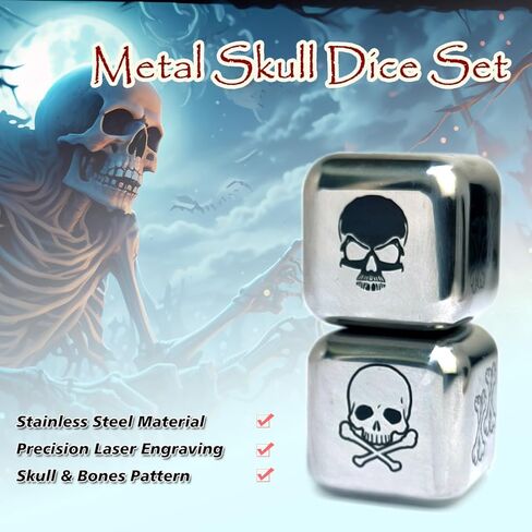 Creative 1-Inch Metal Skull Dice Set, 2Pcs/Set Skeleton&Bones Pattern D6 Gaming Rolling Dices for Party Tabletop Games in Kuwait
