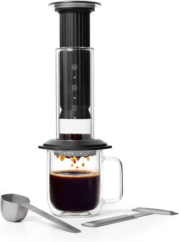 ماكينة صنع القهوة الفاخرة من AeroPress، ماكينة صنع القهوة من الزجاج والفولاذ المقاوم للصدأ والألمنيوم، ماكينة تحضير القهوة الفرنسية الكل في واحد، ماكينة تحضير يدوية على طراز الصب والإسبريسو، مشروب لمدة دقيقتين لتقليل المرارة، المزيد من النكهة (أسود) in Kuwait