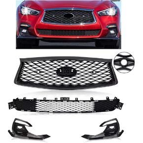 Front Bumper Upper&Lower Grille with Fog Light Covers Fit For 2018 2019 2020 2021 2022 Infiniti Q50 Sport,Black Grill Mesh,4-Piece Set Grille Covers Replace For IN1038113 in Saudi Arabia