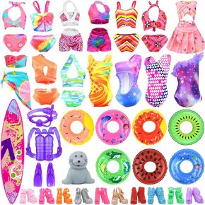Ecore Fun 15 Items Doll Bathing Suits Pool Accessories Set for 11.5 inch Girl Dolls - 5 pcs Swimsuits, 5 Shoes, 2 Pool Floaties, 1 Set of 3 Diving Suit, 1 Toy Seal, 1 Surfboard in Kuwait
