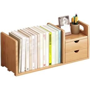 Bookshelf Small Desktop Bookshelf with Double Drawers, Bamboo Desk Display Stand, for Home and Office Supplies Storage Organizer for Living Room Home Office in Saudi Arabia