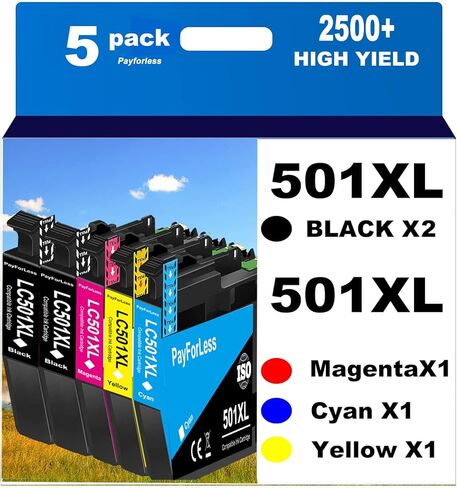 خراطيش حبر LC501XL LC501 لخراطيش حبر Brother LC501 501 501XL لطابعة Brother MFC-J1260DW MFC-J1360DW MFC-J1410DW 5 عبوات (2 أسود، 1 سماوي، 1 أرجواني، 1 أصفر) in Kuwait