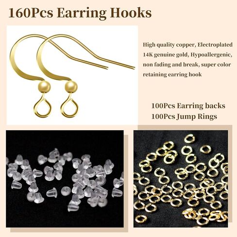 160 PCS/80 Pairs 14K Gold Tone Plated Earring Hooks Hypoallergenic Ear Wires Fish Hooks with 100 PCS Clear Silicone Earring Backs and 100 PCS Jump Rings Gold Earring Findings for DIY Jewelry Making in Saudi Arabia