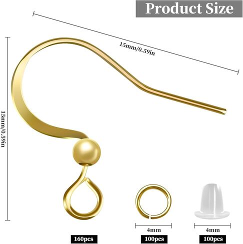 160 PCS/80 Pairs 14K Gold Tone Plated Earring Hooks Hypoallergenic Ear Wires Fish Hooks with 100 PCS Clear Silicone Earring Backs and 100 PCS Jump Rings Gold Earring Findings for DIY Jewelry Making in Saudi Arabia