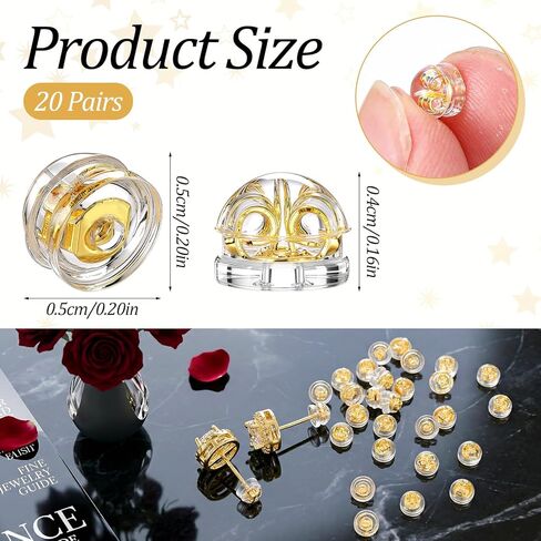 20 Pair 18k Gold Silicone Earring Backs for Studs/Droopy Ears Locking Secure Ear Ring Backs Replacement Clear Comfortable Soft Hypoallergenice Earring Backings for Adults Kids in Saudi Arabia