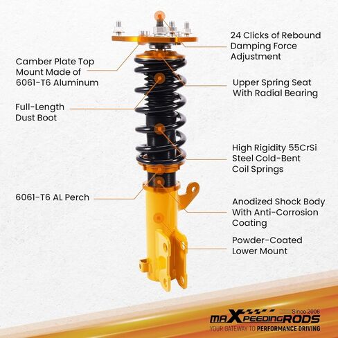 maxpeedingrods Coilover لـ Mitsubishi Eclipse 2006-2012، لـ Mitsubishi Galant 2004-2012، طقم تعليق كويلوفيرز قابل للتعديل بـ 24 مستوى، طقم خفض الارتفاع قابل للتعديل باللون الذهبي in Kuwait