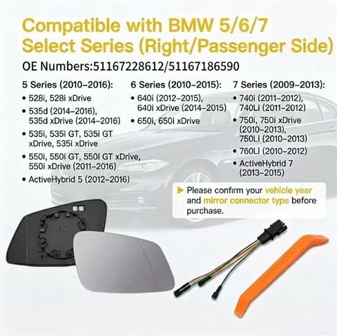 Compatible with BMW 5/6/7 Select Series Passenger Side Rearview Mirror with 4-Pin Wire Harness & Prying Tool, Power Heated Mirror Glass for 528i 535d 535i 550i 640i 650i 740i 750i 760li – Not for 2Pin in Saudi Arabia