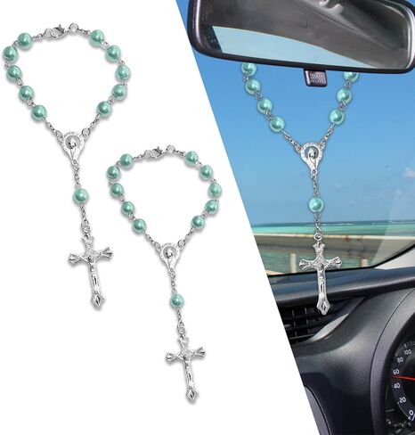 2PCS Car Rosary for Rearview Mirror, Car Mirror Hanging Accessories, Personalized Rear View Cross Charm Decor, Automotive Cross Hanging Accessories Universal for Women Men (K2-Pink Rose) in Kuwait