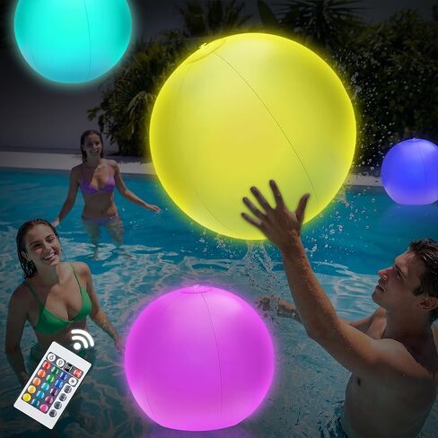 بقعة الفرح! كرات الشاطئ المضيئة بإضاءة LED (4 عبوات) مع جهاز تحكم عن بعد - ألعاب حمام السباحة المتوهجة في الظلام مقاس 40.64 سم، و16 مصباحًا متغير اللون و4 أوضاع فلاش، ومستلزمات الحفلات القابلة للنفخ للفناء الخلفي والشاطئ والألعاب الليلية والديكور in Kuwait