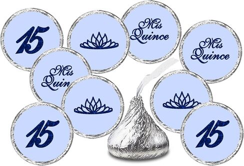 Mis Quince Birthday Blue Kisses Stickers, (Set of 216), Quinceanera Chocolate Drops Labels, Sweet 15 Party Decoration Favors Decor for Kisses. Made in USA. in Kuwait