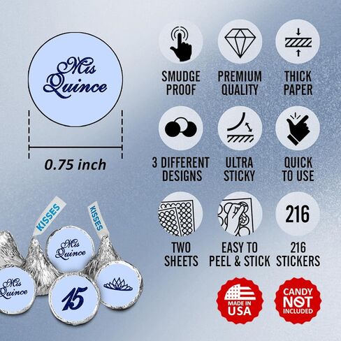 Mis Quince Birthday Blue Kisses Stickers, (Set of 216), Quinceanera Chocolate Drops Labels, Sweet 15 Party Decoration Favors Decor for Kisses. Made in USA. in Kuwait