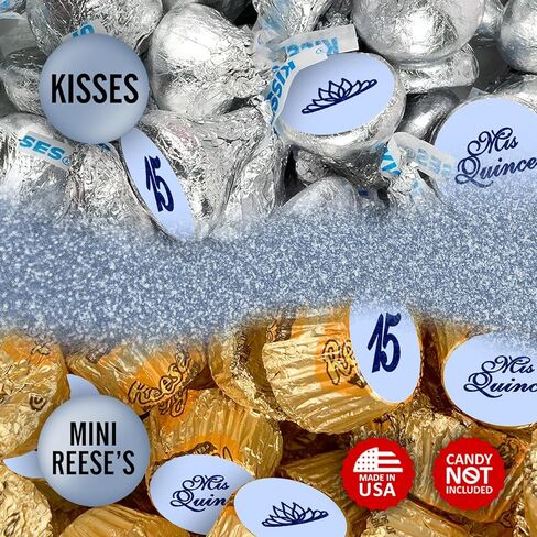 Mis Quince Birthday Blue Kisses Stickers, (Set of 216), Quinceanera Chocolate Drops Labels, Sweet 15 Party Decoration Favors Decor for Kisses. Made in USA. in Kuwait