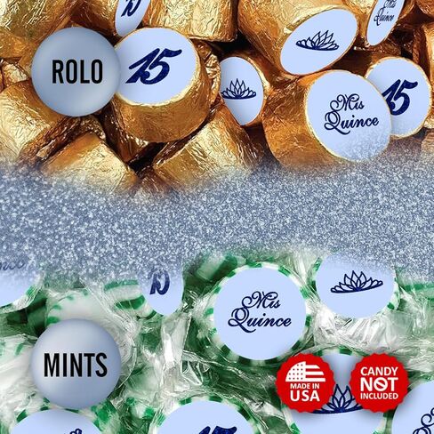 Mis Quince Birthday Blue Kisses Stickers, (Set of 216), Quinceanera Chocolate Drops Labels, Sweet 15 Party Decoration Favors Decor for Kisses. Made in USA. in Kuwait