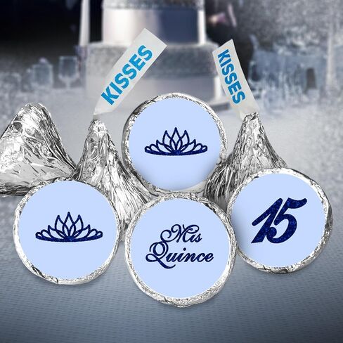 Mis Quince Birthday Blue Kisses Stickers, (Set of 216), Quinceanera Chocolate Drops Labels, Sweet 15 Party Decoration Favors Decor for Kisses. Made in USA. in Kuwait
