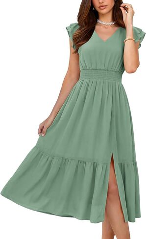 GRACE KARIN Women's V Neck Ruffle Sleeve Summer Dress 2025 Split Flowy Tiered Midi Dress Wedding Guest Cocktail Dresses in Kuwait