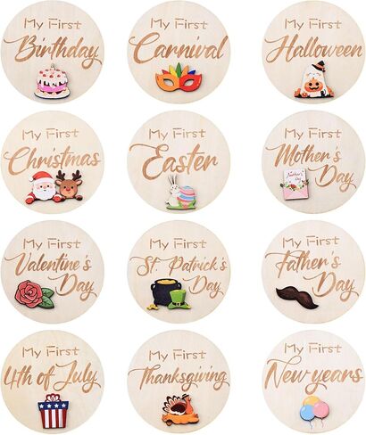 My First Holiday Milestone Cards, 12 Pcs 3D 3.9" Baby First Holiday Wood Sign Monthly Milestones for Baby Shower, Baby First Valentine's Day/St. Patrick's Day/Easter/Halloween/Hanksgiving/Christmas in Kuwait