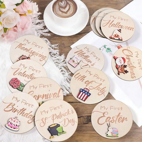 My First Holiday Milestone Cards, 12 Pcs 3D 3.9" Baby First Holiday Wood Sign Monthly Milestones for Baby Shower, Baby First Valentine's Day/St. Patrick's Day/Easter/Halloween/Hanksgiving/Christmas in Kuwait