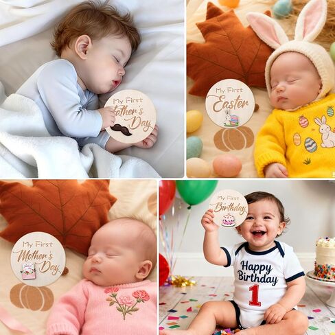My First Holiday Milestone Cards, 12 Pcs 3D 3.9" Baby First Holiday Wood Sign Monthly Milestones for Baby Shower, Baby First Valentine's Day/St. Patrick's Day/Easter/Halloween/Hanksgiving/Christmas in Kuwait