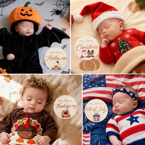 My First Holiday Milestone Cards, 12 Pcs 3D 3.9" Baby First Holiday Wood Sign Monthly Milestones for Baby Shower, Baby First Valentine's Day/St. Patrick's Day/Easter/Halloween/Hanksgiving/Christmas in Kuwait