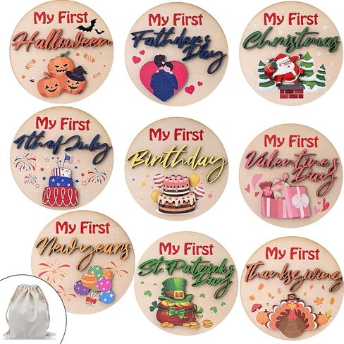 My First Holiday Milestone Cards, 12 Pcs 3D 3.9" Baby First Holiday Wood Sign Monthly Milestones for Baby Shower, Baby First Valentine's Day/St. Patrick's Day/Easter/Halloween/Hanksgiving/Christmas in Kuwait
