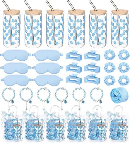 Vesici 42 Pcs Spa Party Supplies for Women 6 Set Spa Sleepover Birthday Gift Slumber Party Favors with Glass Cups, Eye Mask, Hair Ties, Hair Clips, Bracelet, Tote Bag, Ribbon(Daisies,Green) in Saudi Arabia