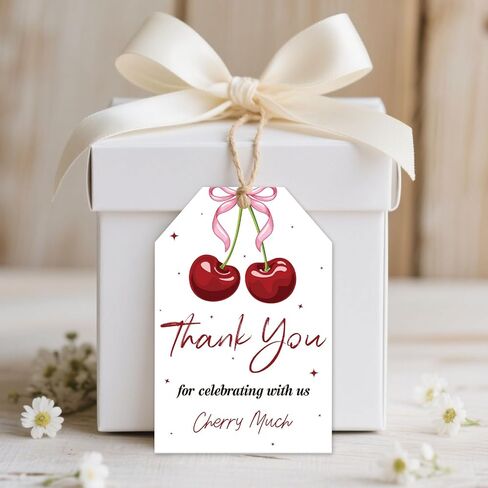 50pcs Cherry Thank You Tags Cherry on top Thank You Cards Pink Bow Cherry Sweet Favor Tags with String for Wedding Baby Shower Cherry 1st Birthday Girl in Saudi Arabia